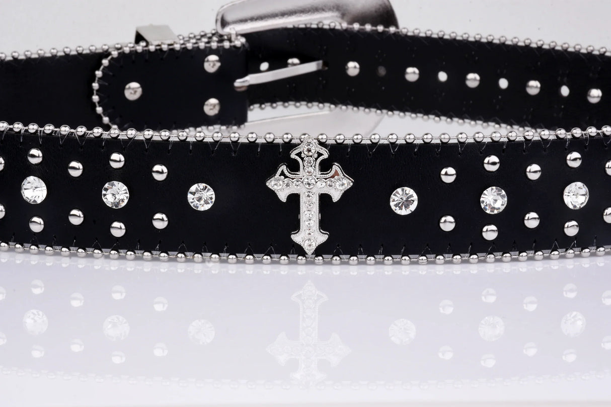 Black Cross Rivet Belt Engraved Buckle Rhinestone Decor