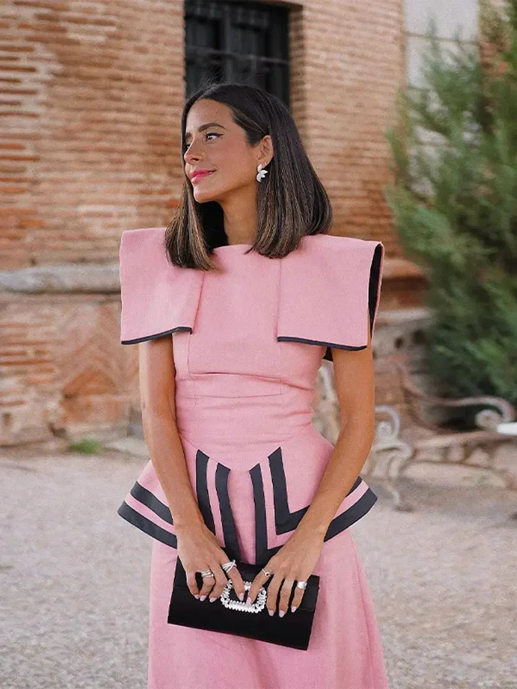 Pink Contrasting Colors Patchwork Fly Sleeve Midi Dress