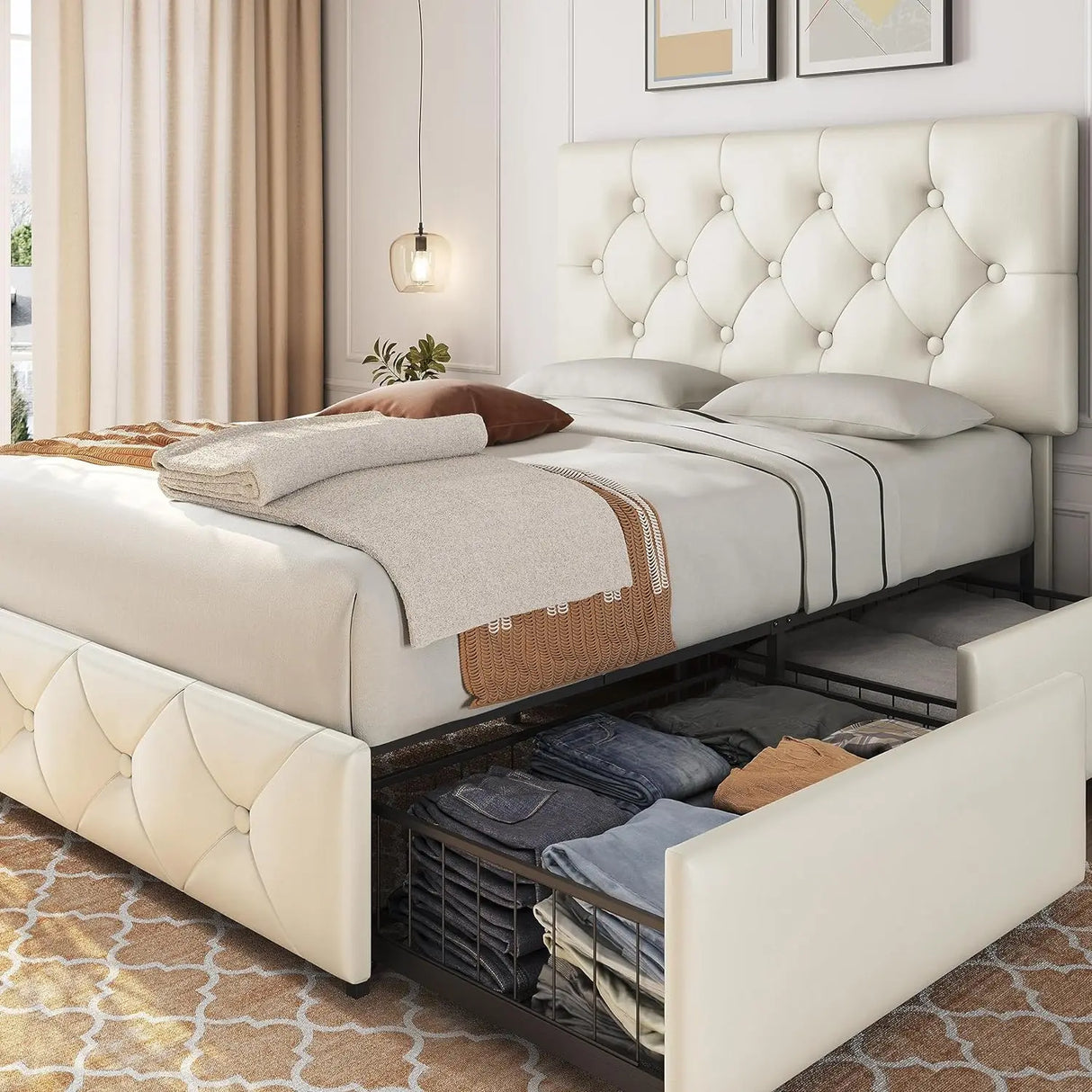 Upholstered Bed Frame with 4 Storage Drawers and