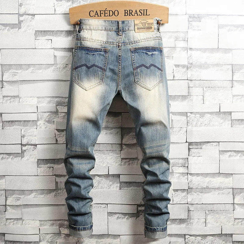 Distressed Ripped Jeans Men's Retro Blue Fashion Slim
