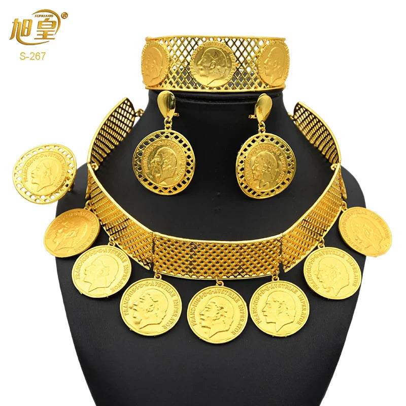 African 24K Gold Color Coins Necklace Bracelet Sets