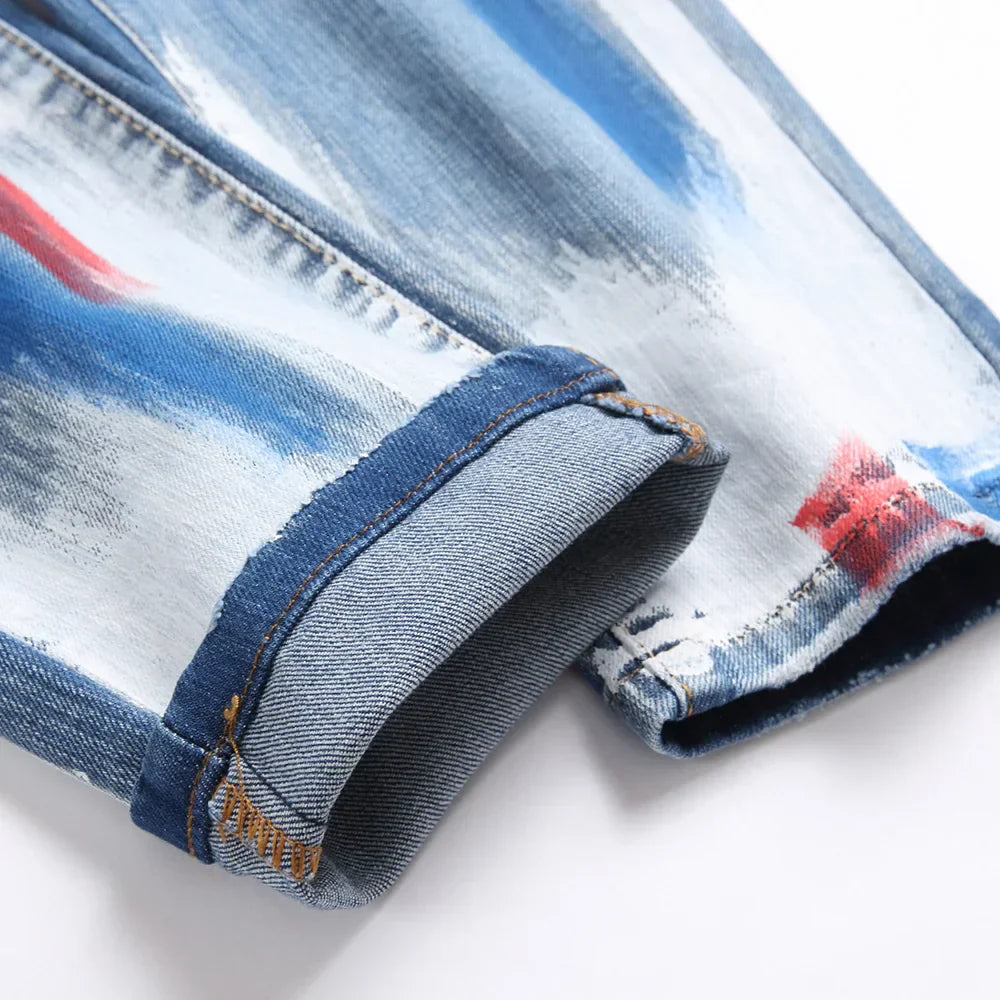 Men's Painted Button Fly Denim Jeans Streetwear Blue