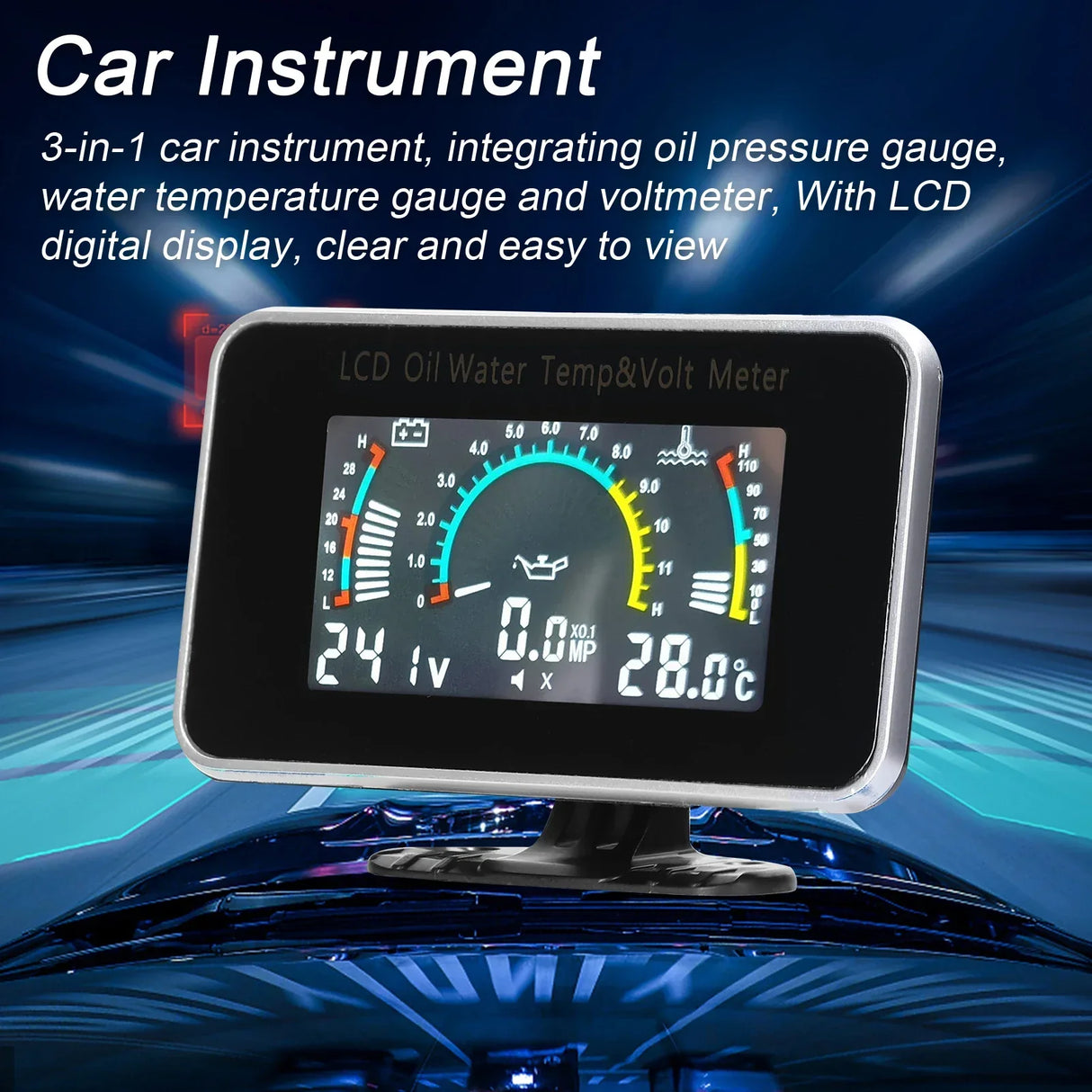 3-in-1 Car LCD Digital Gauge: Oil Pressure, Voltage, Water Temperature