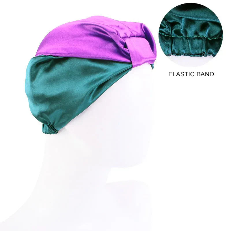 Women Stretch Silk Imitation Nightcap Fashion Color Contrast