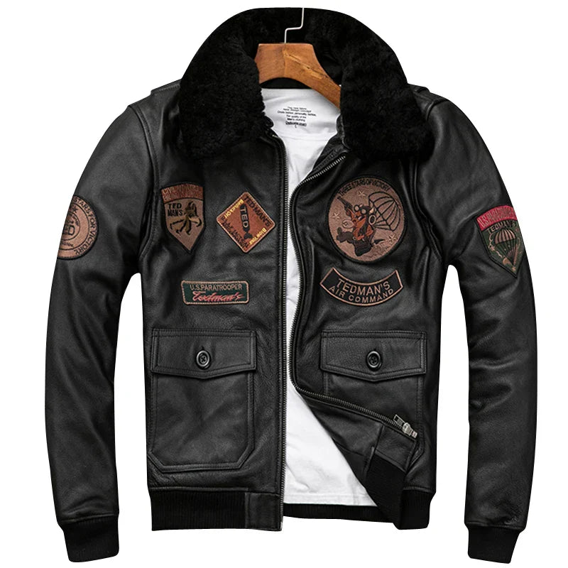 Detachable Natural Fur Collar Genuine Cowhide Men Leather