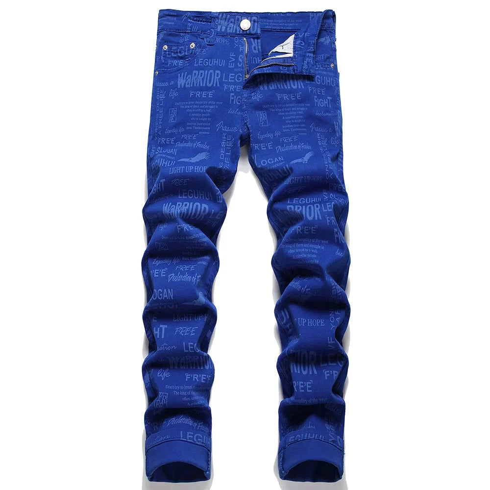 Rock punk style design Men Blue Printed Jeans
