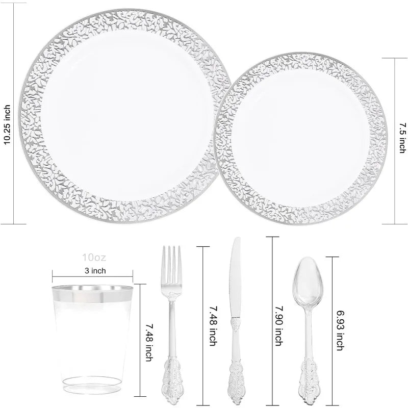 150PCS Silver Plastic Plates, Disposable Silverware & Plastic