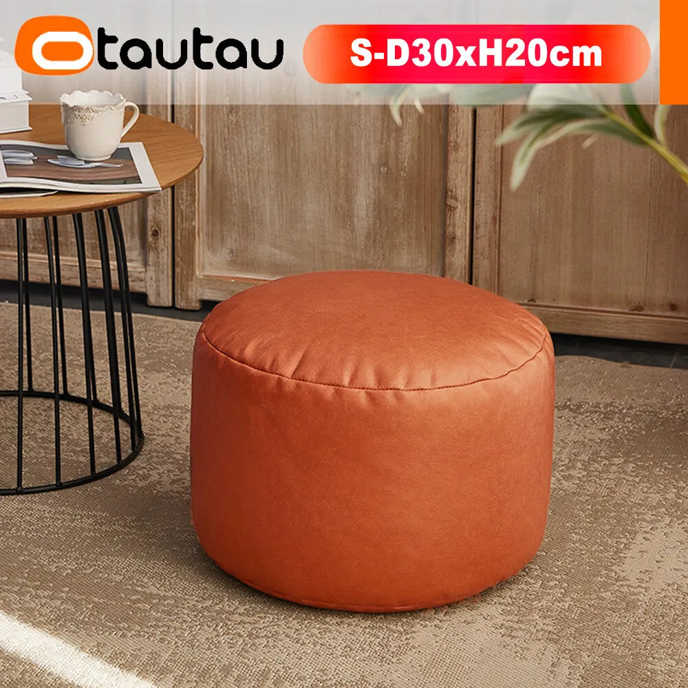 OTAUTAU Small Round Faux Leather Ottoman Stool Beanbag