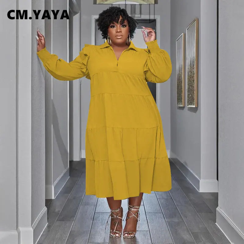 CM.YAYA Plus Size Vintage Women Long Sleeve Turn-down