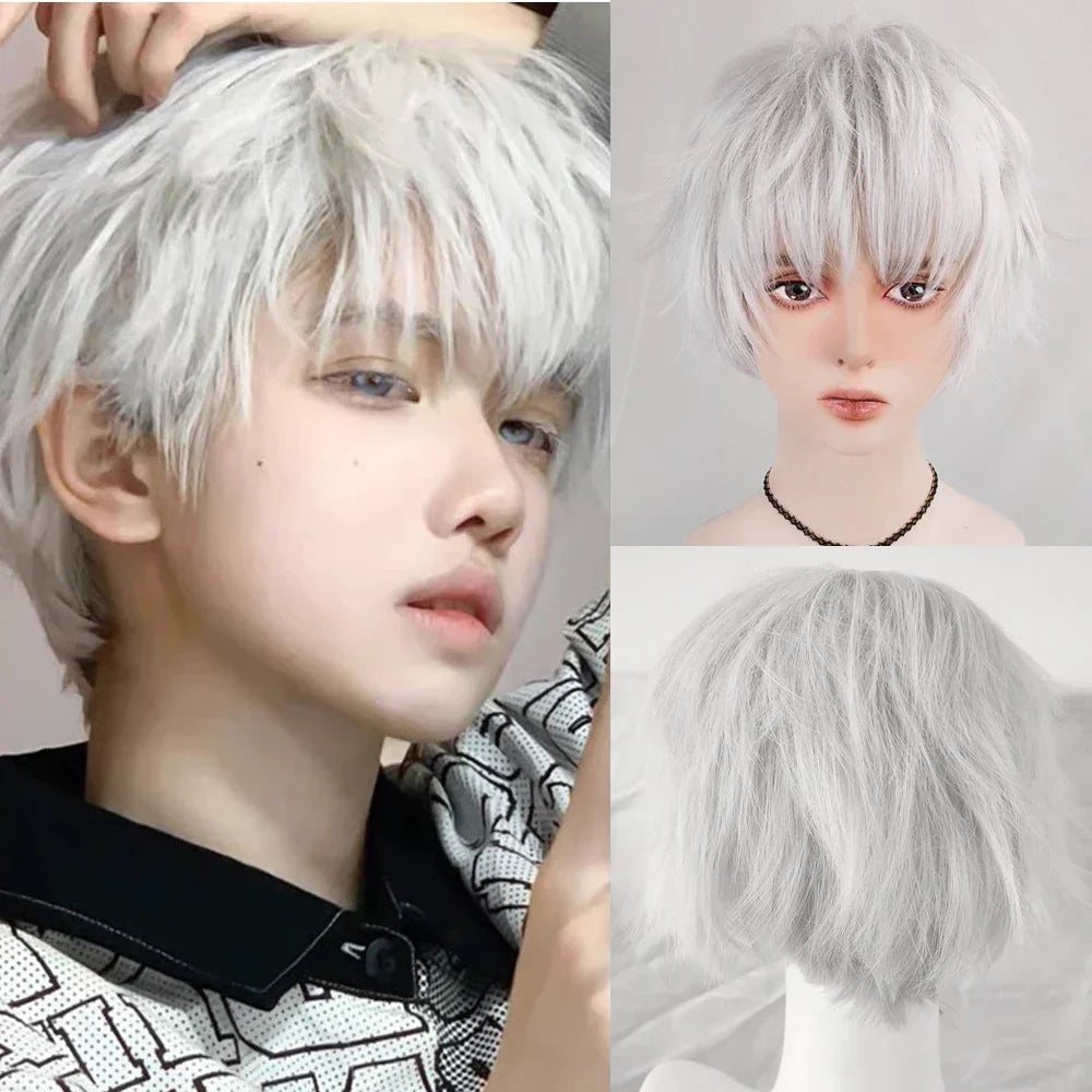 RANYU Synthetic Short Silver White Straight Curly Wigs