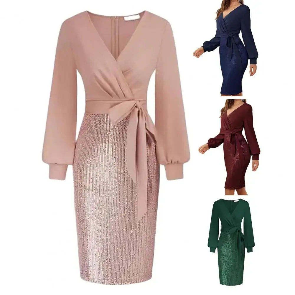 Women Vneck Dress Stunning Sequin Splicing Bodycon Dress