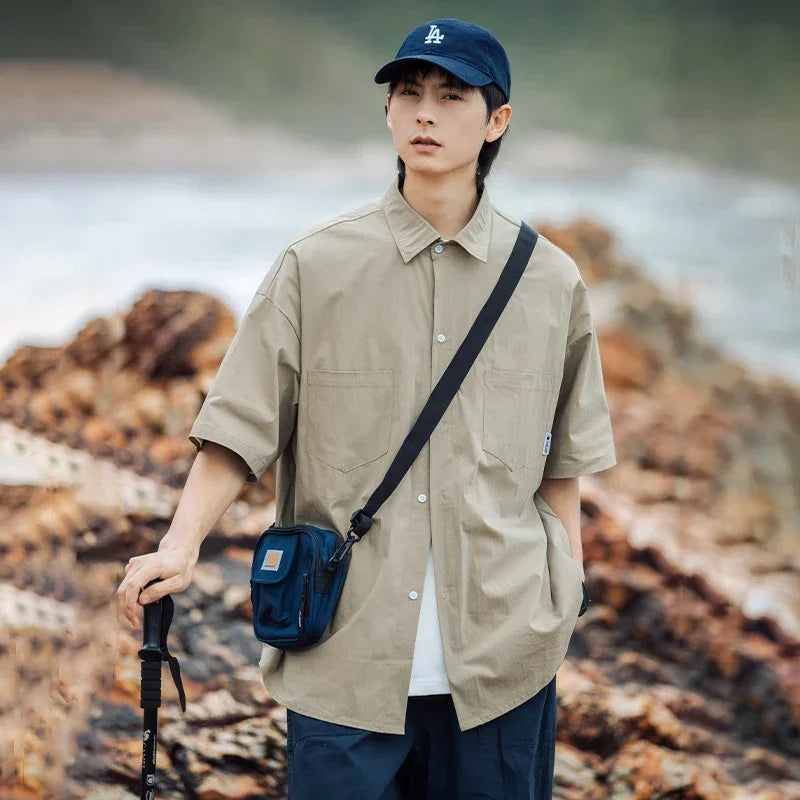 Double Pockets Shirts for Men Vintage Japan Baggy