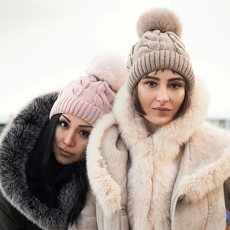 Winter Fur Pom Knitted Beanies Hat Female Plush