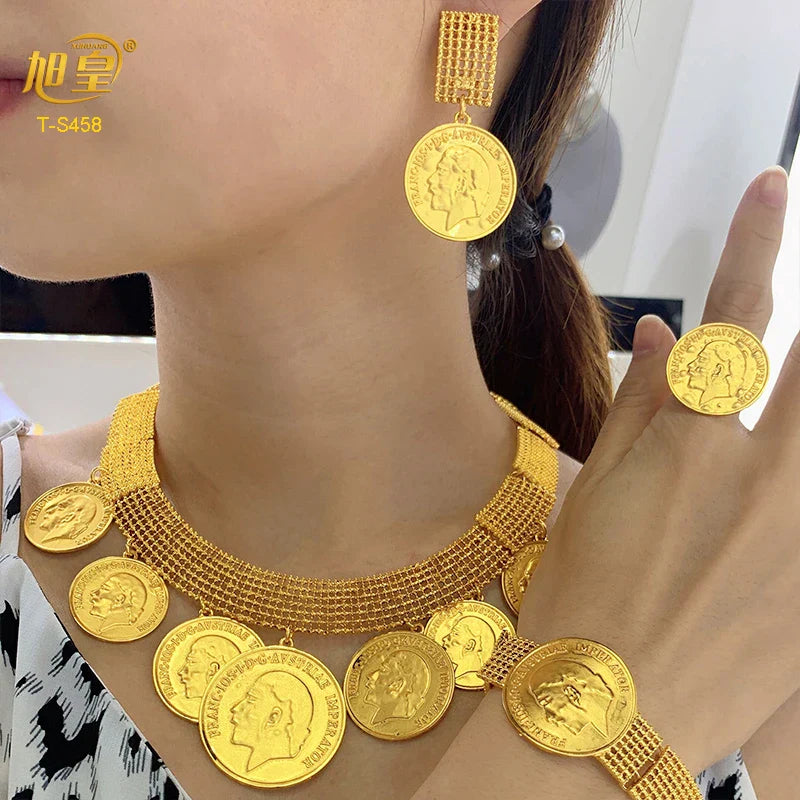 African 24K Gold Color Coins Necklace Bracelet Sets
