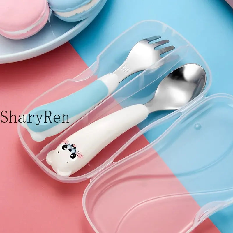 Baby Children Spoon Fork Set Cartoon Bear Stainless
