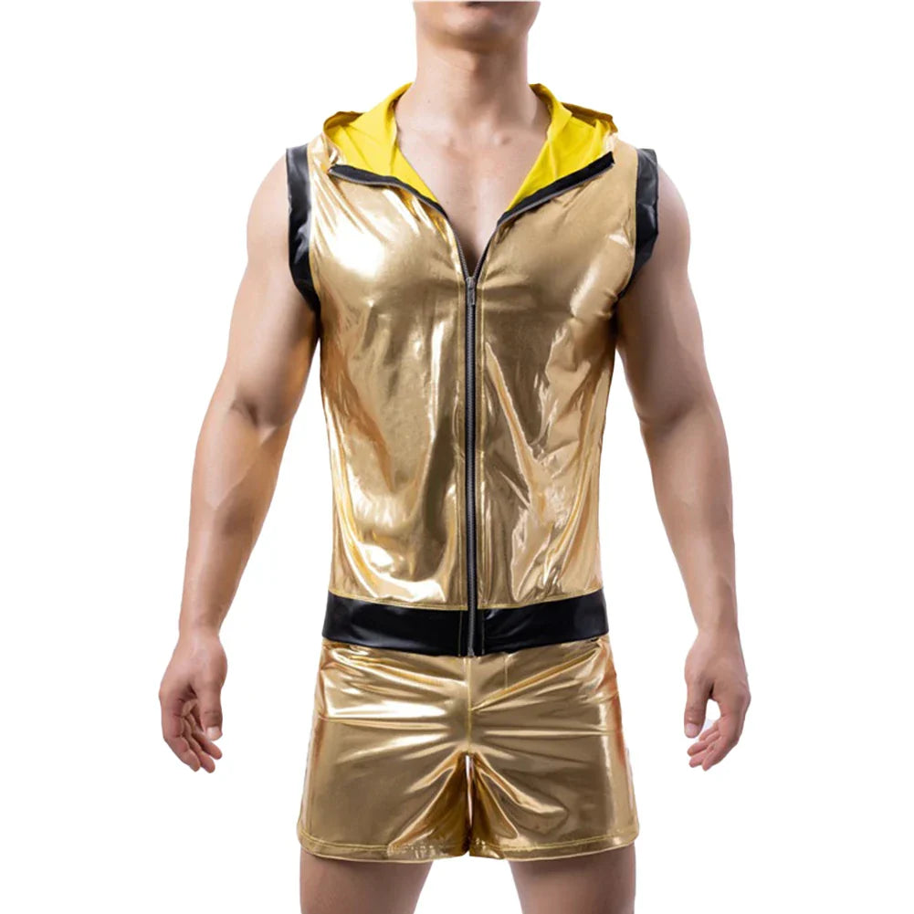 Mens Gold Shiny Tight Leather Tank Tops Boxer