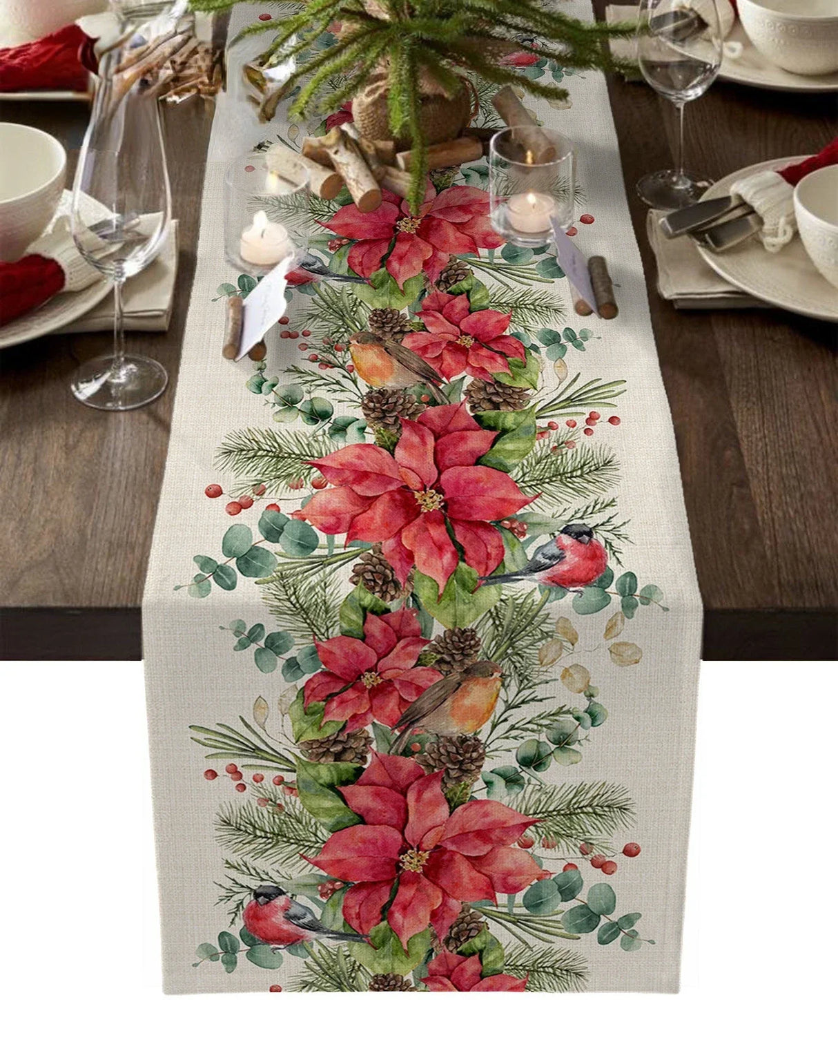 Modern Elegant Table Runner Eucalyptus Berries Robin Table
