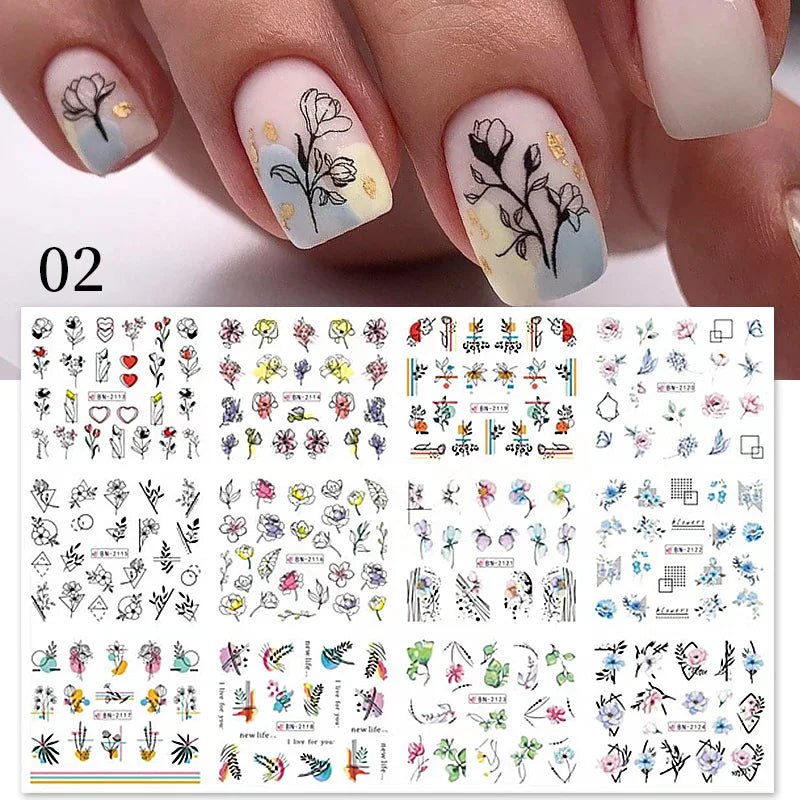 12 Designs Nail Stickers Set Mixed Floral Geometric