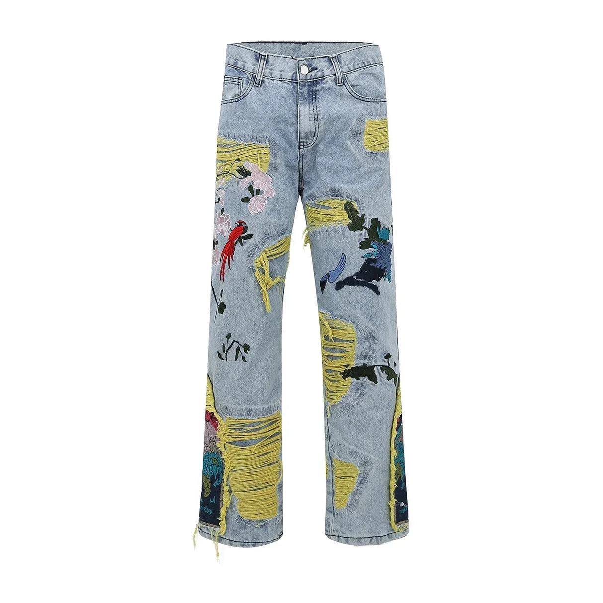 Chinese Painting Embroidered Patch Denim Ripped Jeans