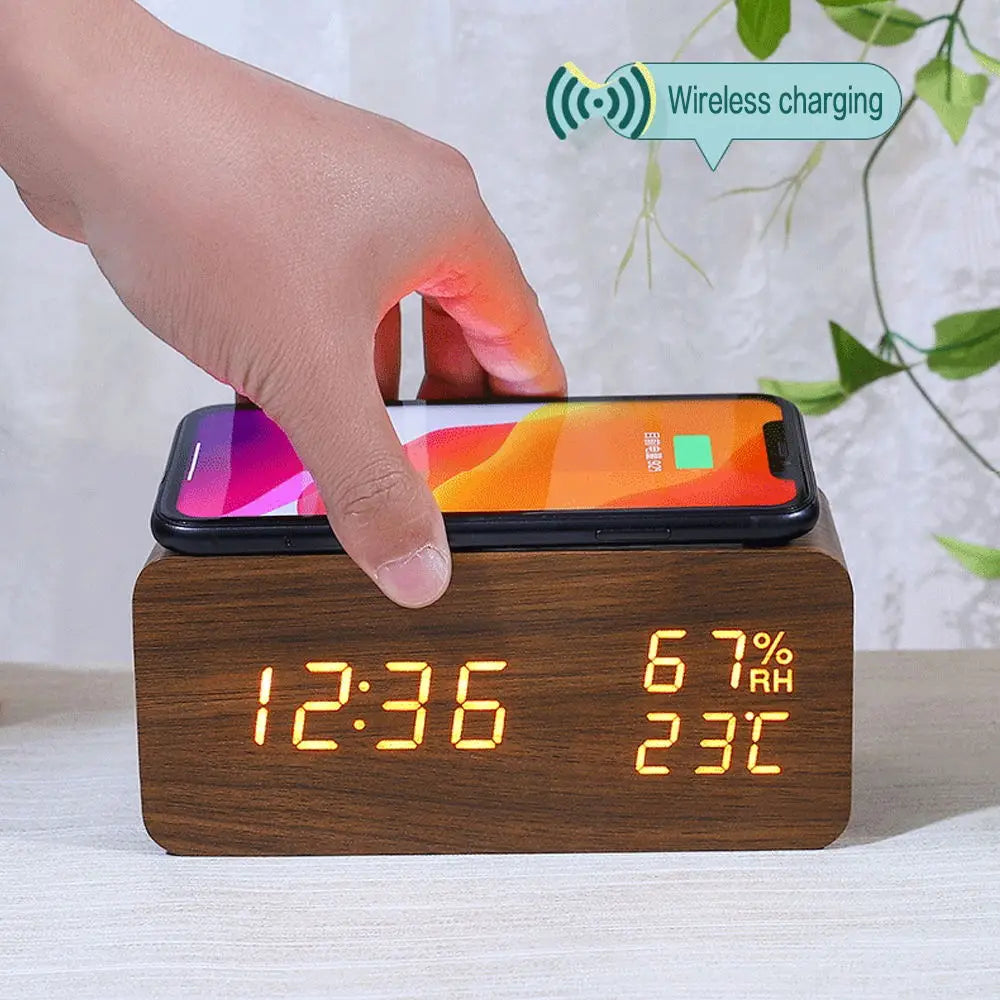Wood Grain Digital Alarm Clock With Wireless Charging