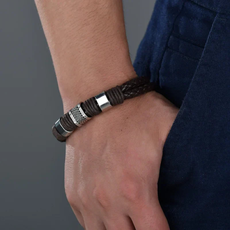 Leather Magnetic Buckle Bangle Braided Bracelet Titanium Steel Men‘s Bracelet Vintage Kpop Bangles Bracelets for Men Women Gift