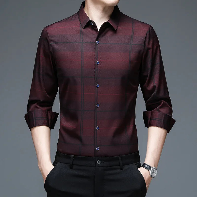 Spring Autumn Plaid Polo Shirt Men's Long Sleeve
