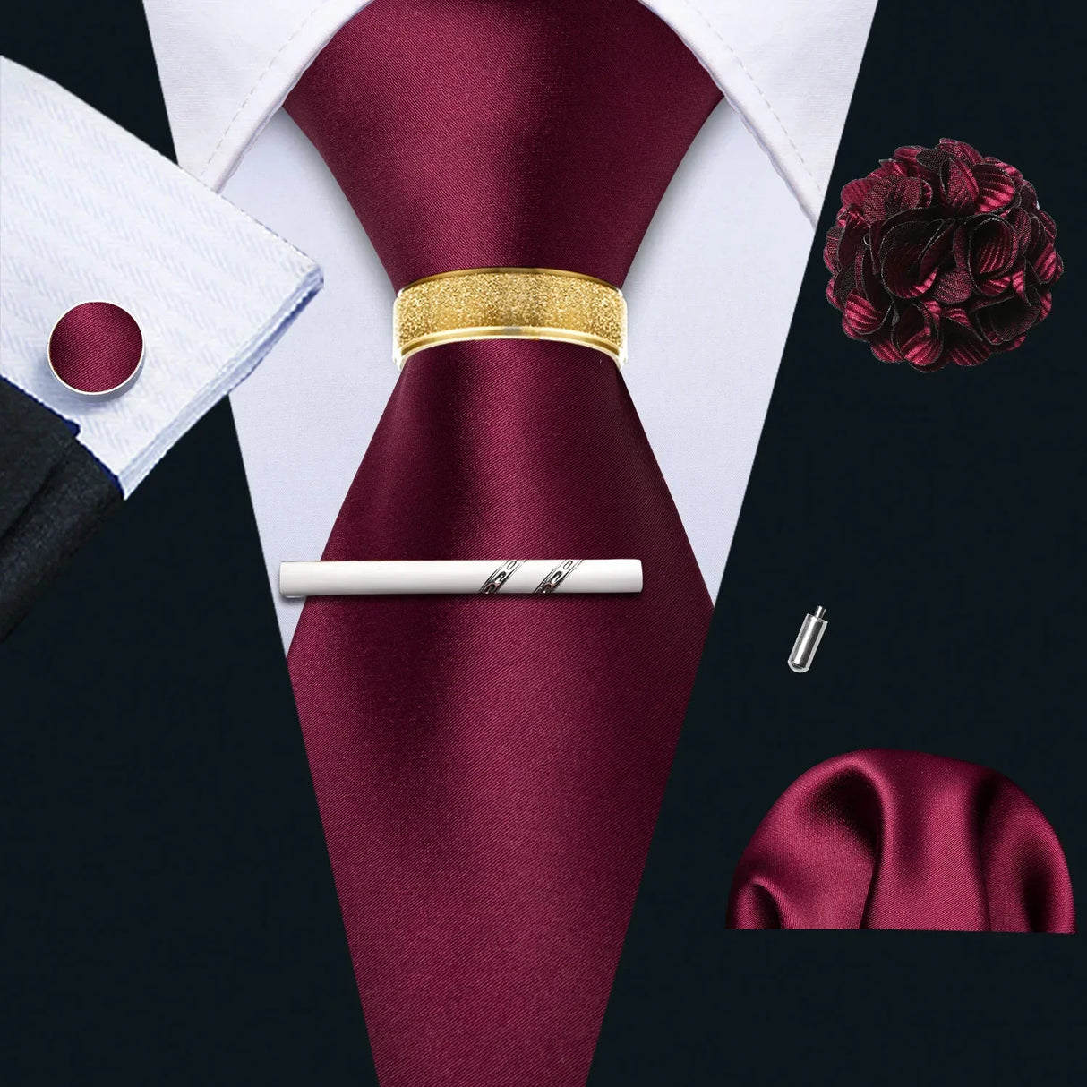 Barry.Wang Silk Mens Tie Hanky Cufflinks Clip Brooch