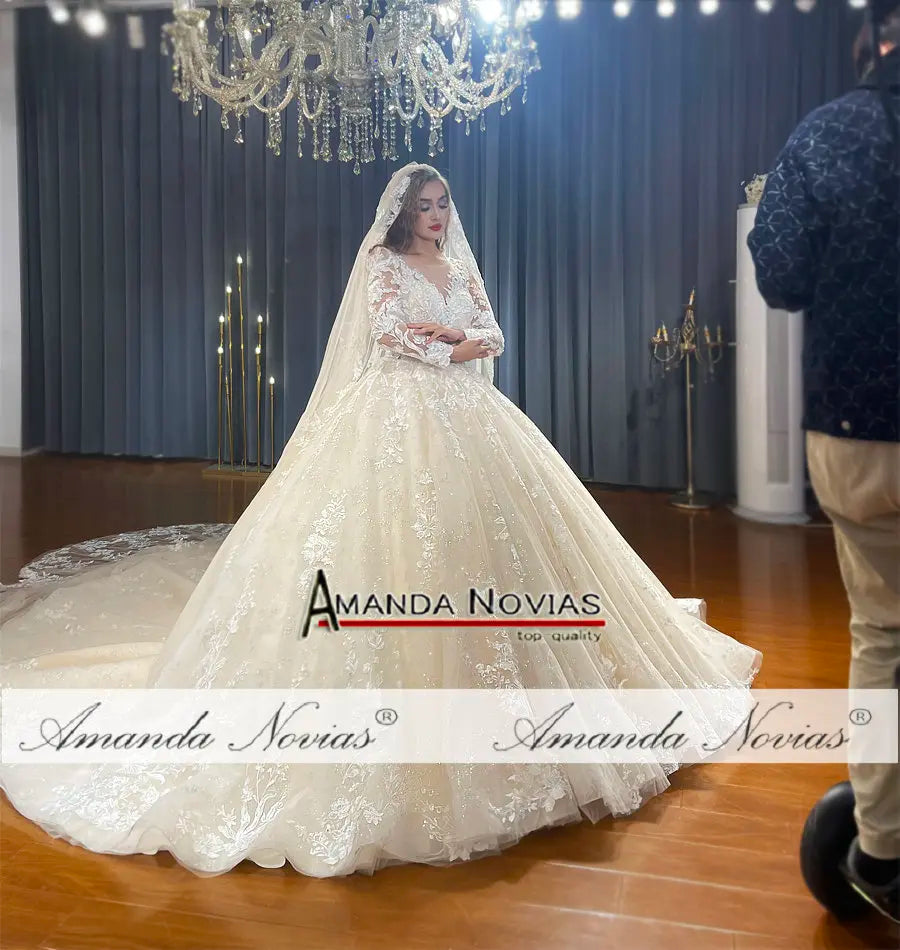 NS4667 Champagne Color Full Lace Wedding Gown With