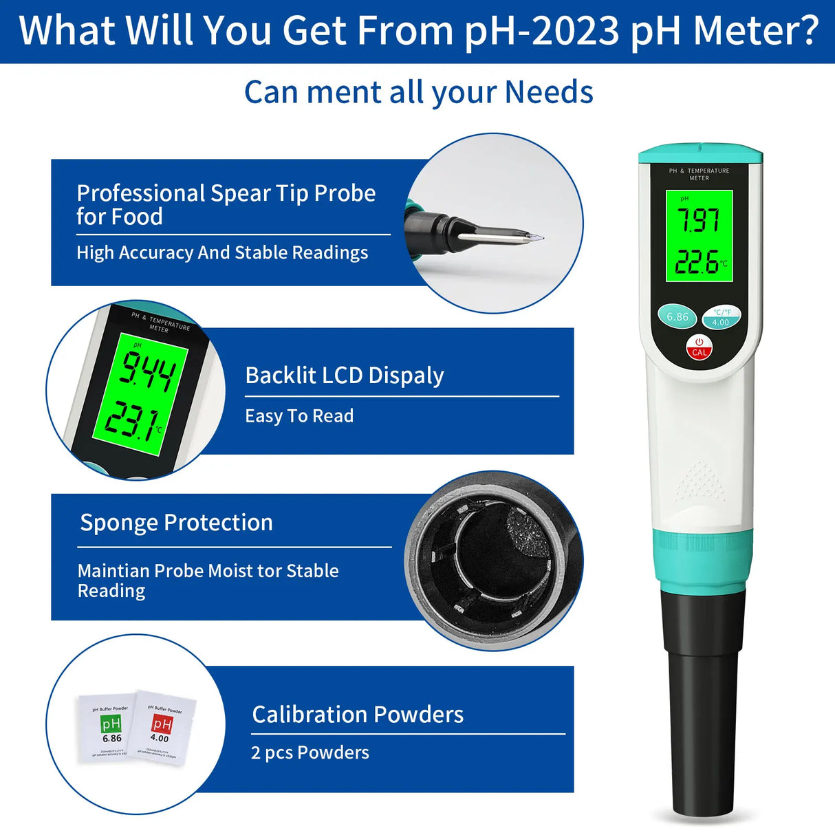 Professional Food PH Meter 0.00~14.00pH Temp pH Tester