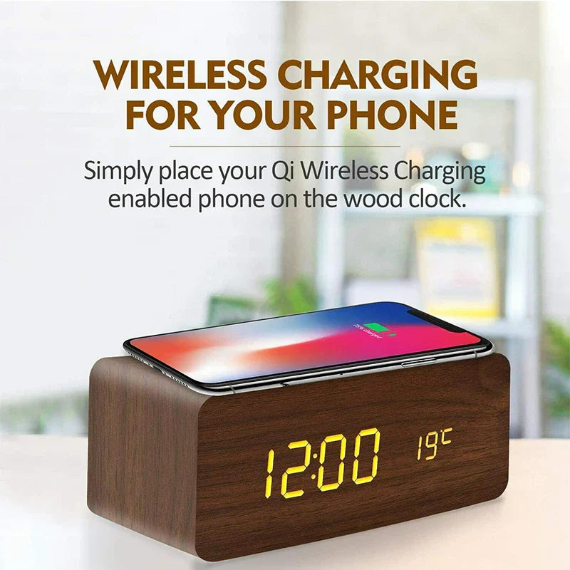 Wooden Digital Alarm Clock with Wireless Charging, LED