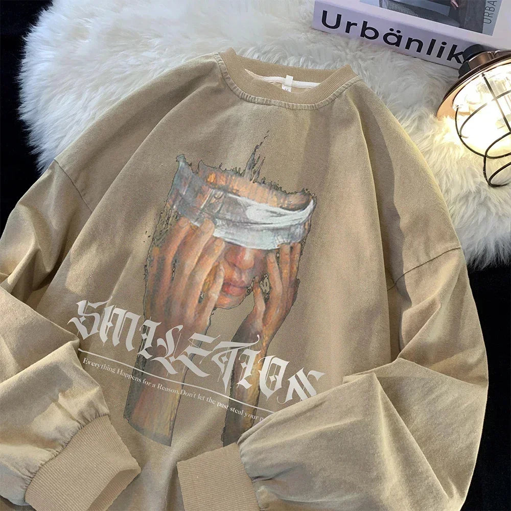 Men's Washed Black Sweatshirt Blindfold Portrait Print Long