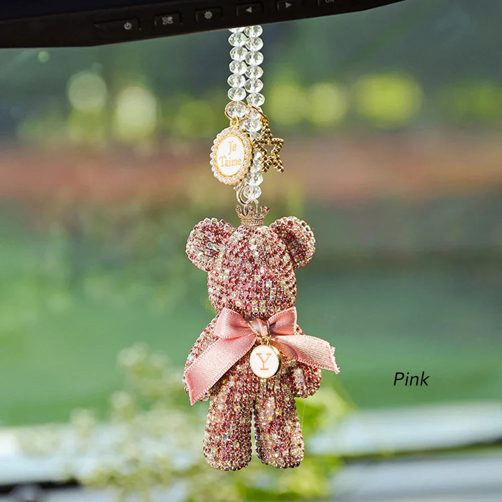 Cartoon Diamond Crystal Bow Bear Car Pendant Mirror