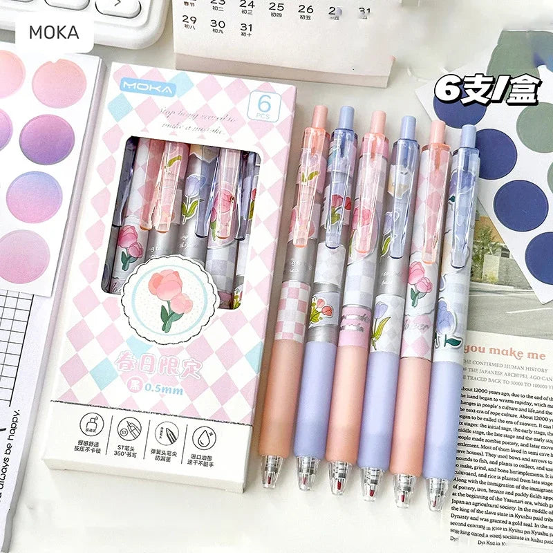 6pcs Floral Gel Pens Set Transparent 0.5mm Black