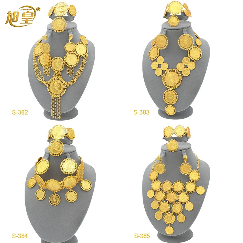 African 24K Gold Color Coins Necklace Bracelet Sets