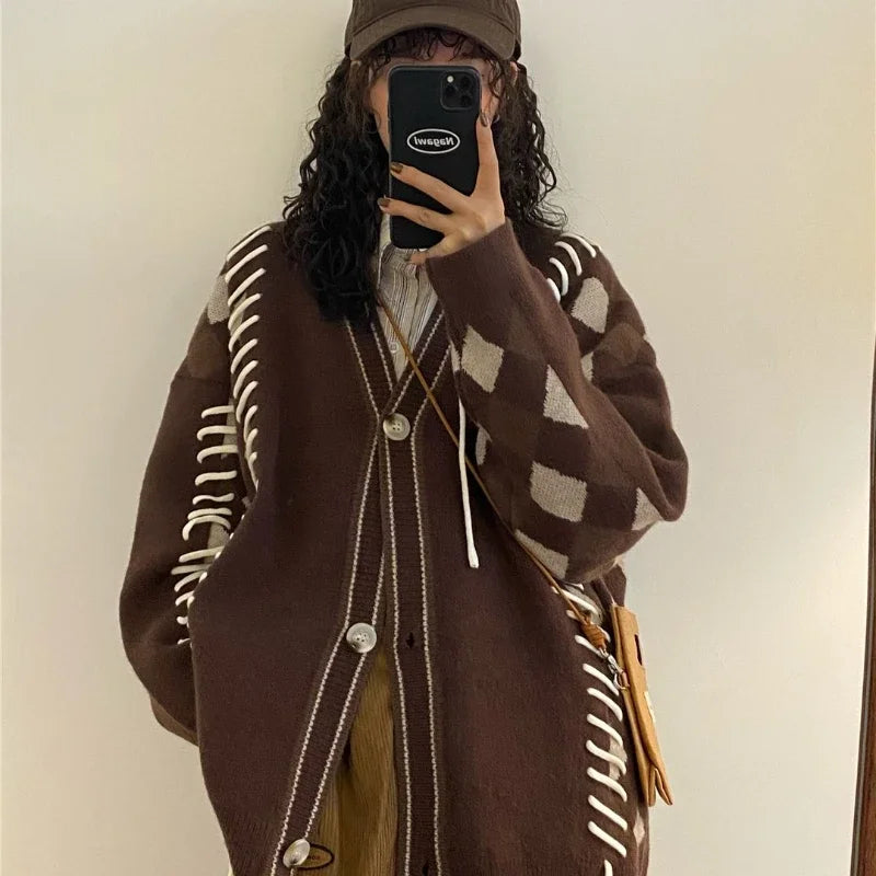 Men Casual Sweater Set Vintage Checkerboard Cardigan+Striped Long