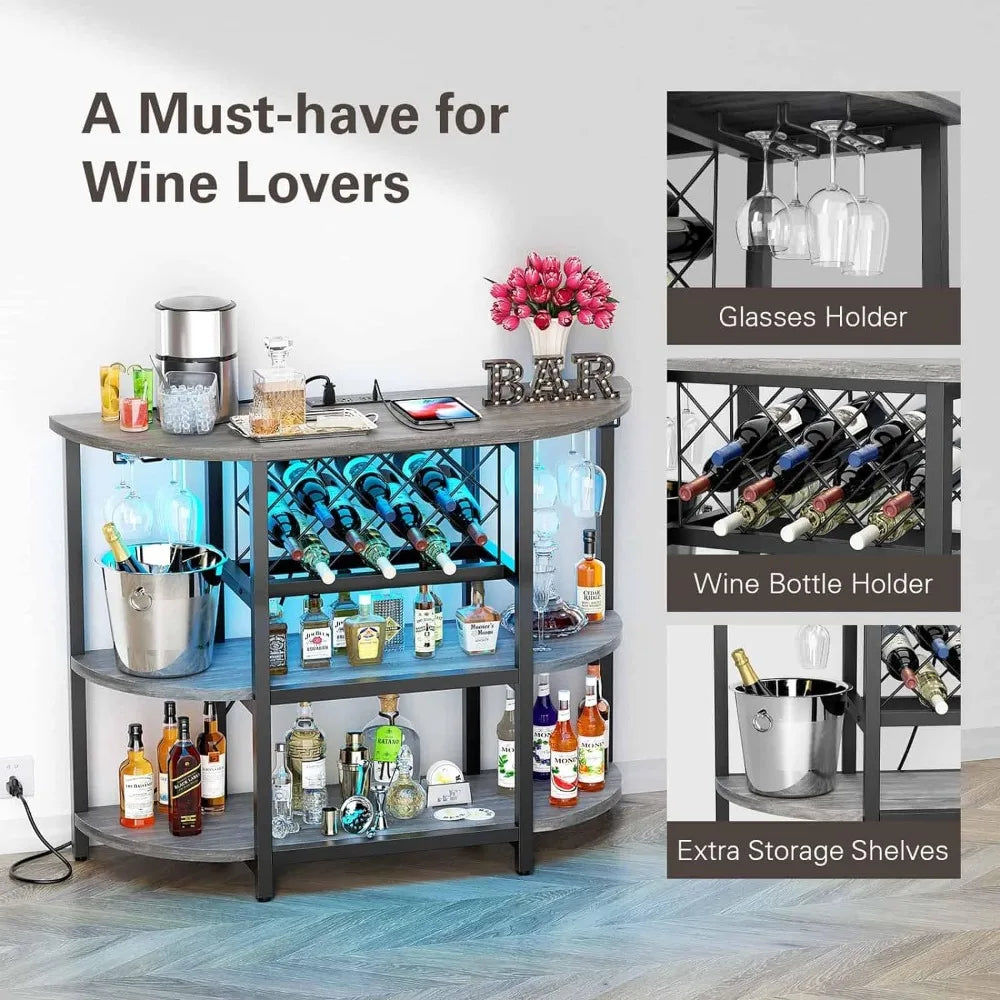 Bar Table Cabinet with Power Outlet, LED Home