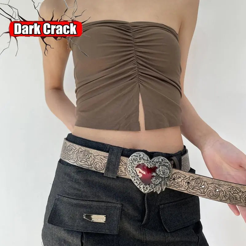 Gothic Women’s Men Y2k Harajuku Punk Lolita Girls Subcultures Personalized Retro Embossed Love Belt Leather Belt Fashion Gift