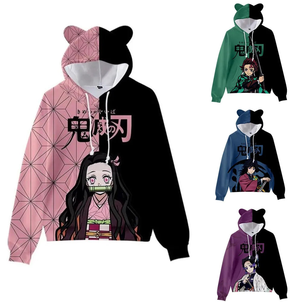 Anime Demon Slayer Hoodies Women Cat Ears Cartoon