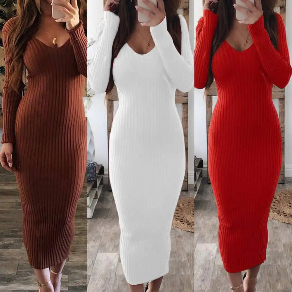Sexy Backless Bodycon Long Sleeve Dress Slim Midi