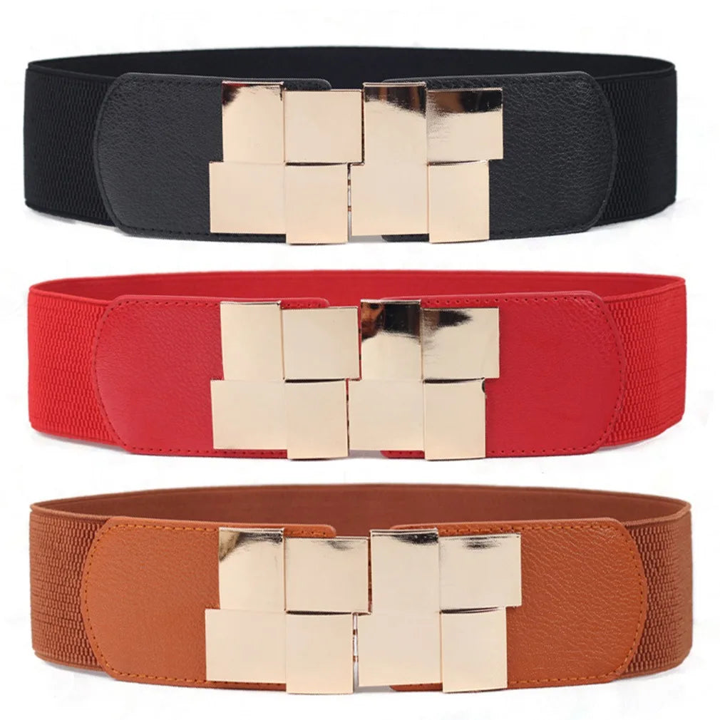 New Women Elastic Waist Closure Wide Belt Gold