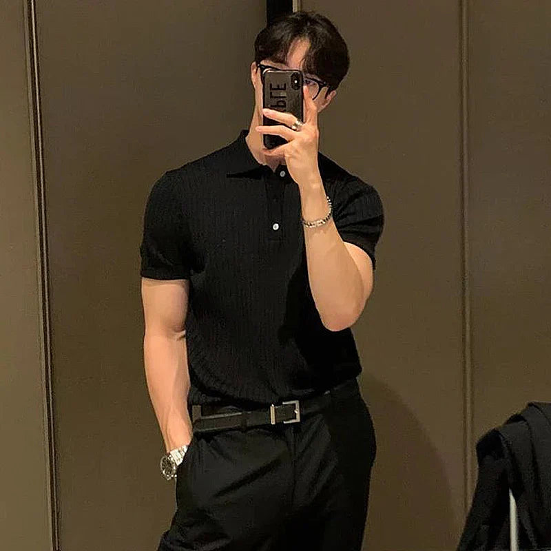 Men's Clothing Luxury Knit Polo Shirt Casual Striped
