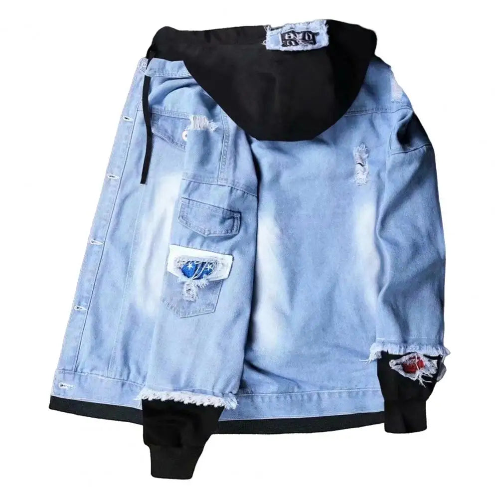 Men Light Blue Winter Jean Jackets Hooded Casual