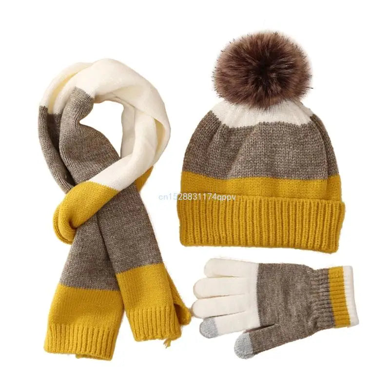 Kids Hat Scarf & Gloves Set Winter Pom