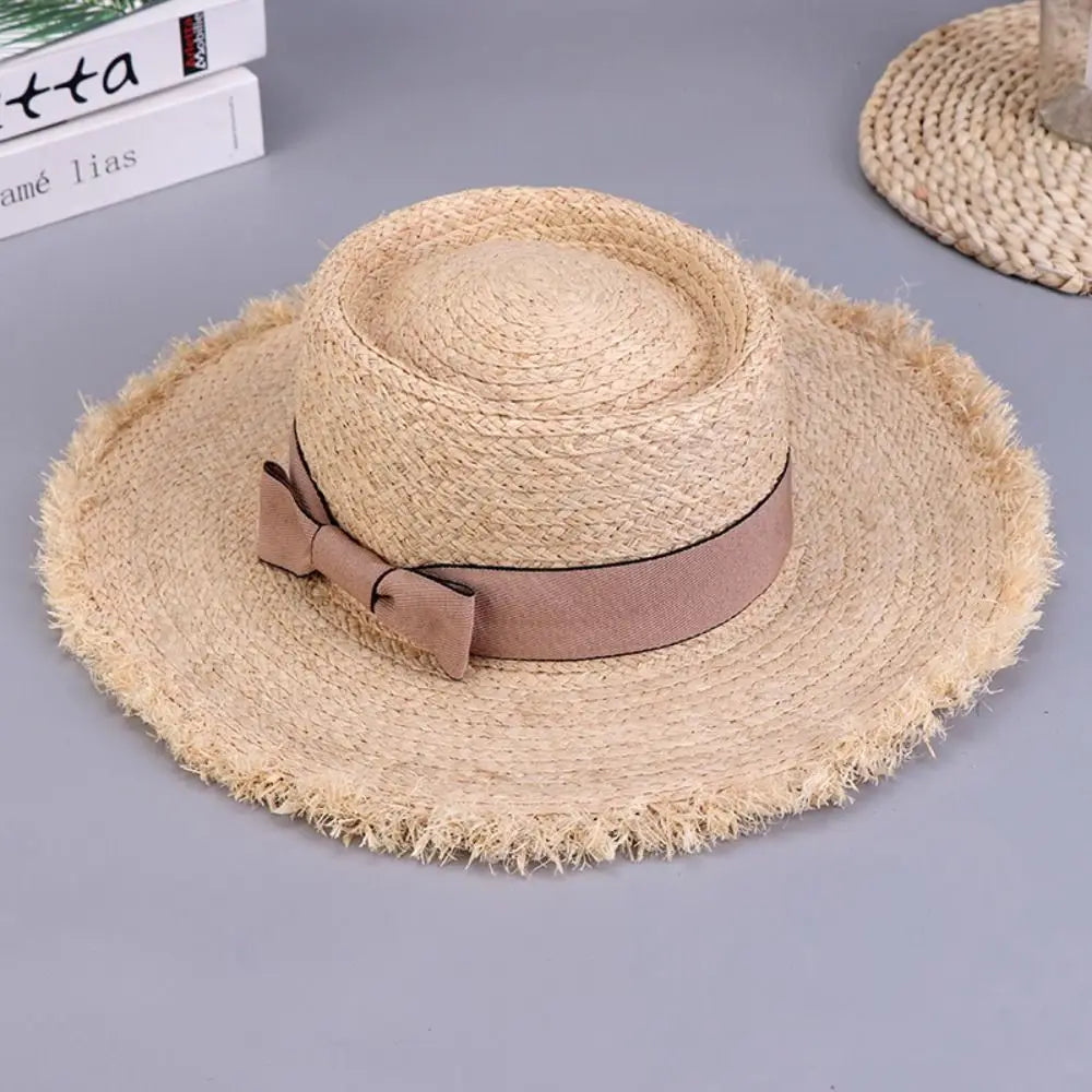 Wide Brim Sun Hats Fashion Flat Top Bowknot