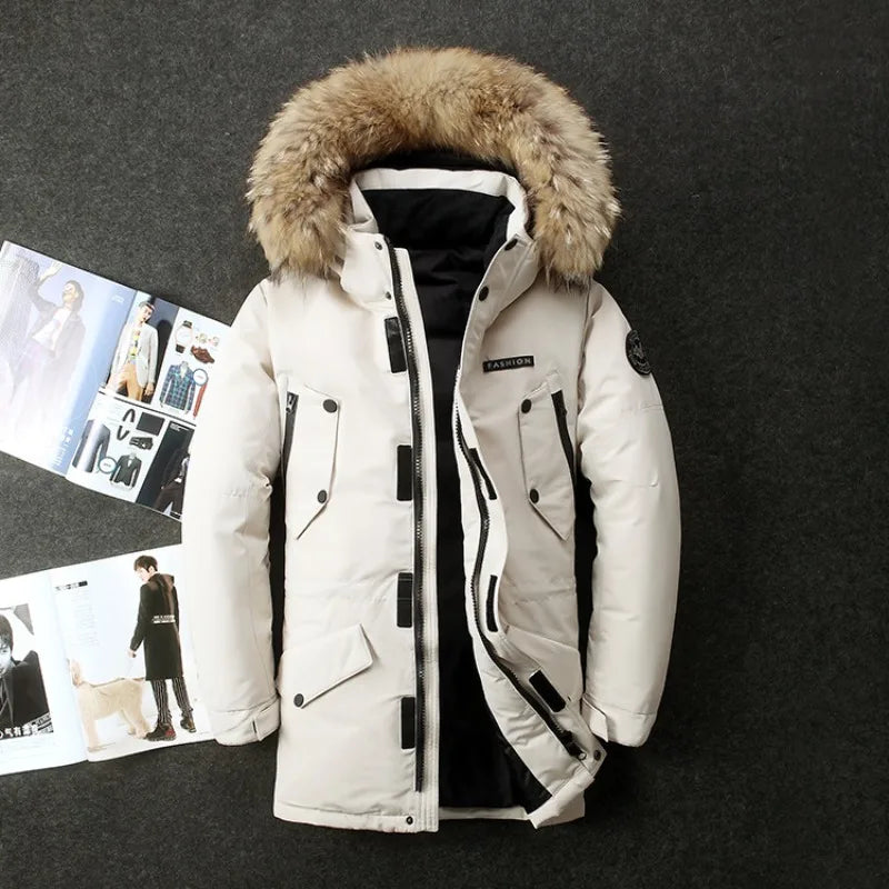 Men Winter Duck Down Coats Hooded Fur Collar