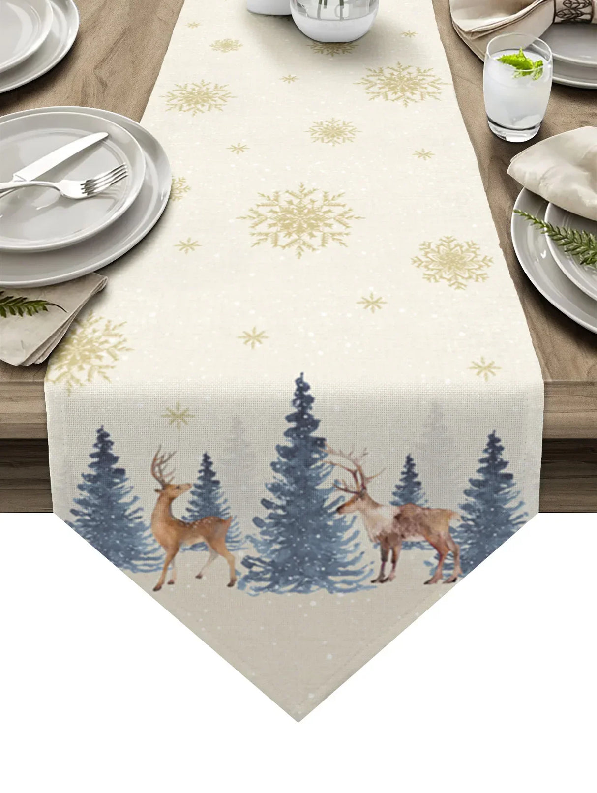 Christmas Snowflake Elk Linen Stain Resistant Table Runner