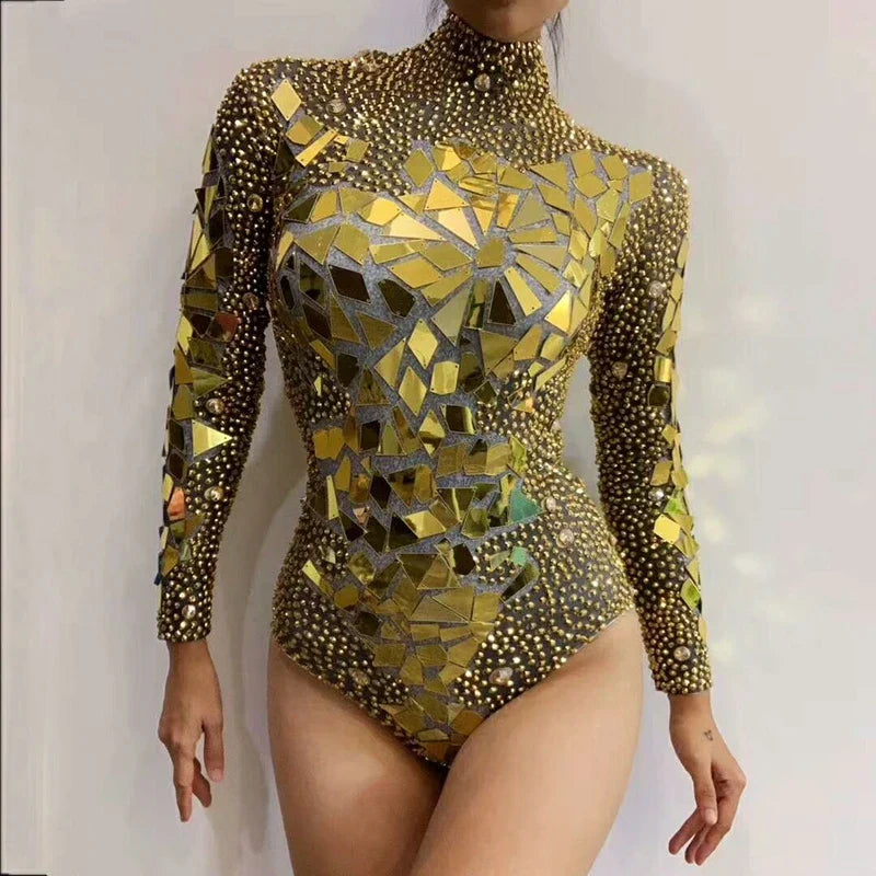 Shining Gold Rhinestones Mirrors Bodysuit Women's Birthday Celebrate