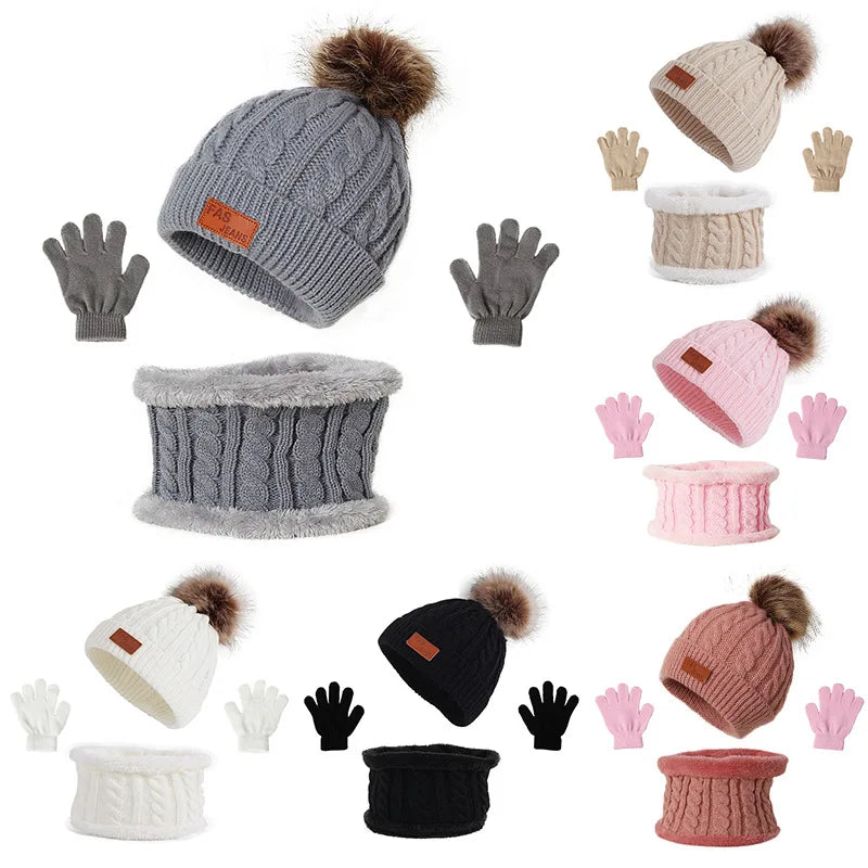 3PCS Set Cute Wool Pompom Baby Hat Scarf