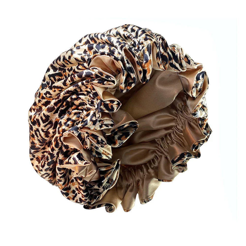 Leopard Print Double Layer Silky Bonnet Adjustable Elastic