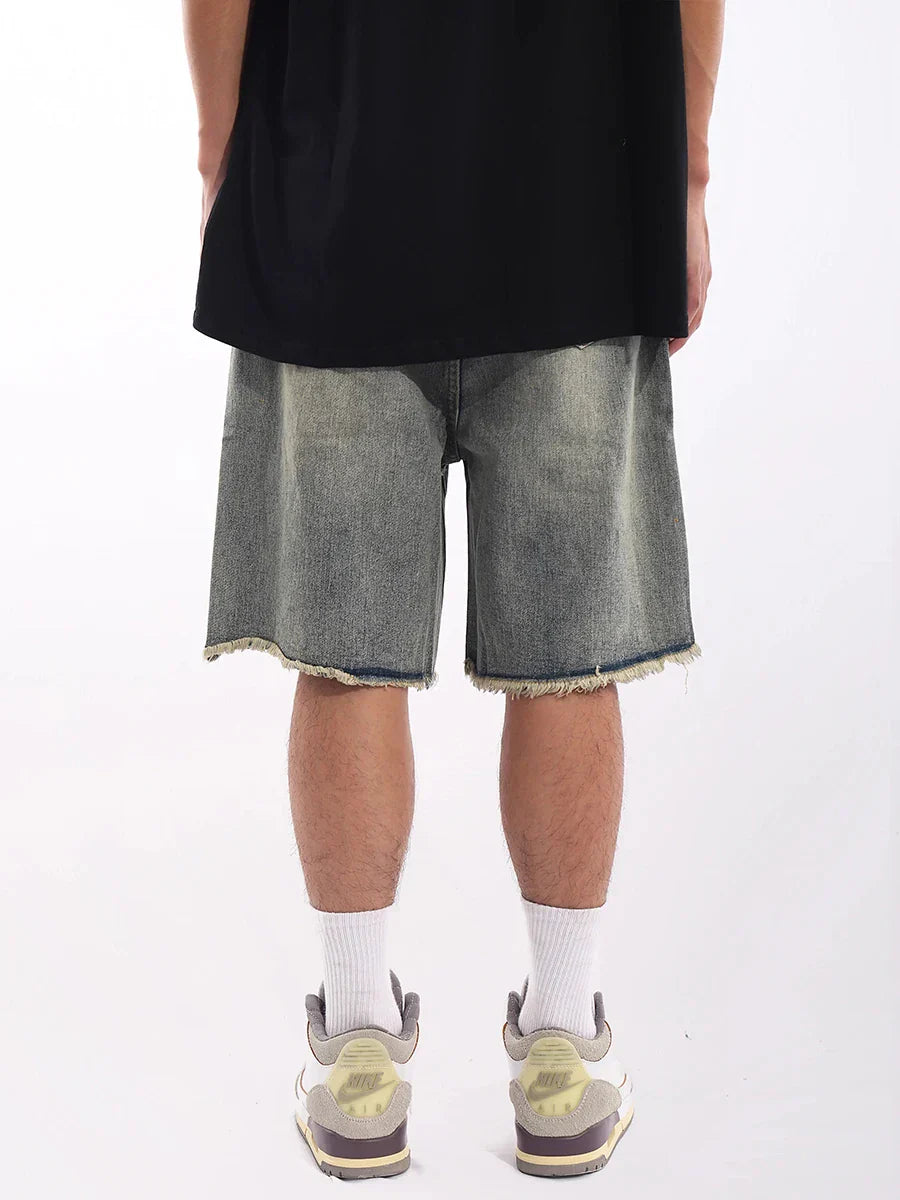 ReddaChic Vintage Wash Destroyed Denim Shorts Men Brushed